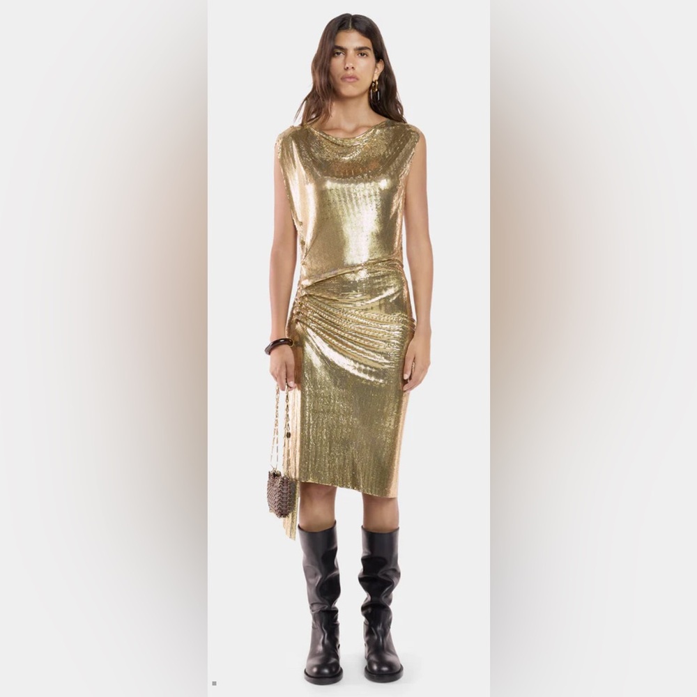 RABANNE Gold Chainmail Drapé Pression Dress, size 38 - Picture 2 of 12